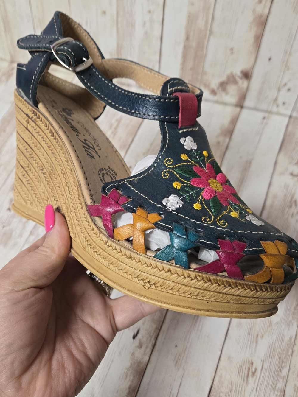 AmeriKa Collection Teal Embroidered Boho Espadrille Wedge Sandals Sz 25 (US 8) - Picture 9 of 16
